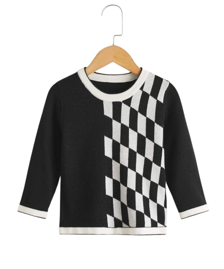 Pullover Casual de Blanco y Negro con Patrón Geométrico